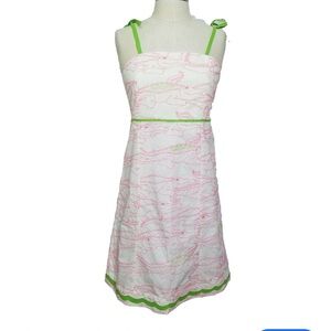 New Pulitzer Pink alligator embroidered Green bow scallop Sundress dreamy midi